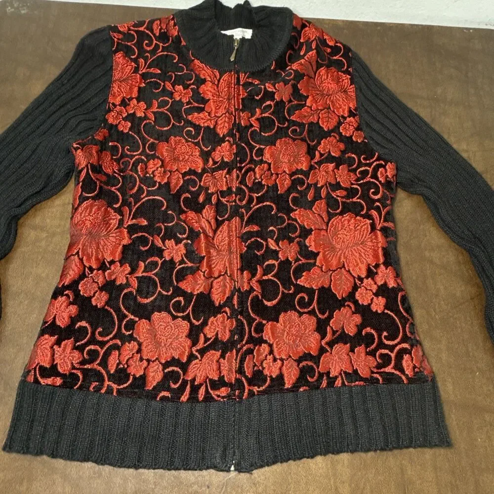 CHRISTOPHER & BANKS Black Zip Cable Sweater w/ Bright Red 
